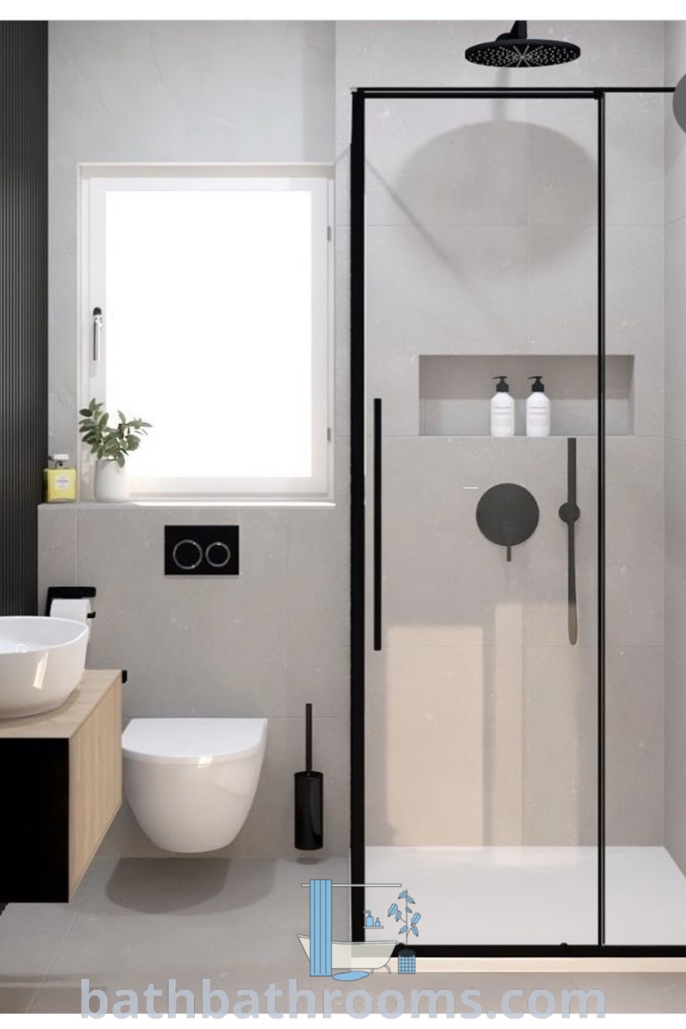 A small minimalist bathroom featuring a sink, toilet, and shower stall in a compact space. This design is perfect for apartments and offers cozy ideas for maximizing both style and functionality. Explore more design tips at bathbathrooms.com.