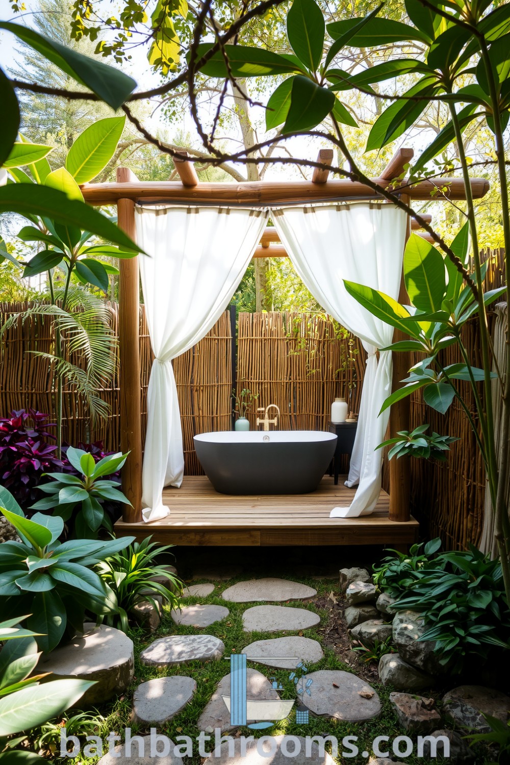 Outdoor bathroom featuring a deep soaking tub beneath a wooden pergola, surrounded by lush greenery, river stones, and bamboo fencing, creating a serene and private oasis. Discover more inspiring decor ideas for your home at bathbathrooms.com.