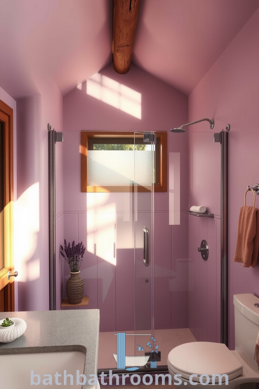 Cozy lavender-themed bathroom featuring pale lavender walls, rustic wooden accents, polished stone countertop, and a frameless glass shower reflecting natural light, creating a serene atmosphere. Discover unique ideas for your home at bathbathrooms.com.