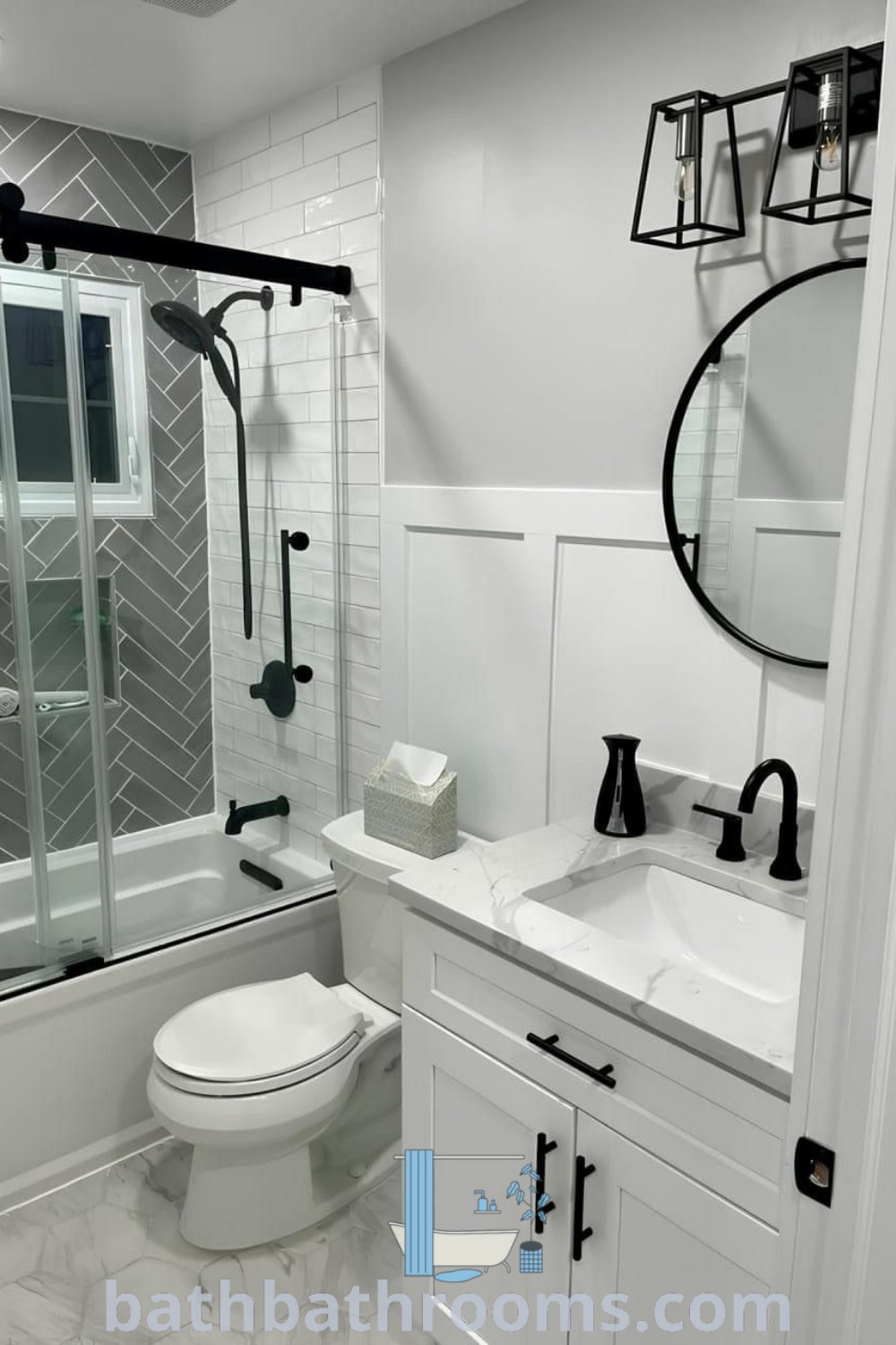 A modern small bathroom featuring a toilet, sink, and shower designed for maximum style and space. This inspiring decor idea showcases perfect restroom remodel inspirations. Discover more unique designs at bathbathrooms.com.