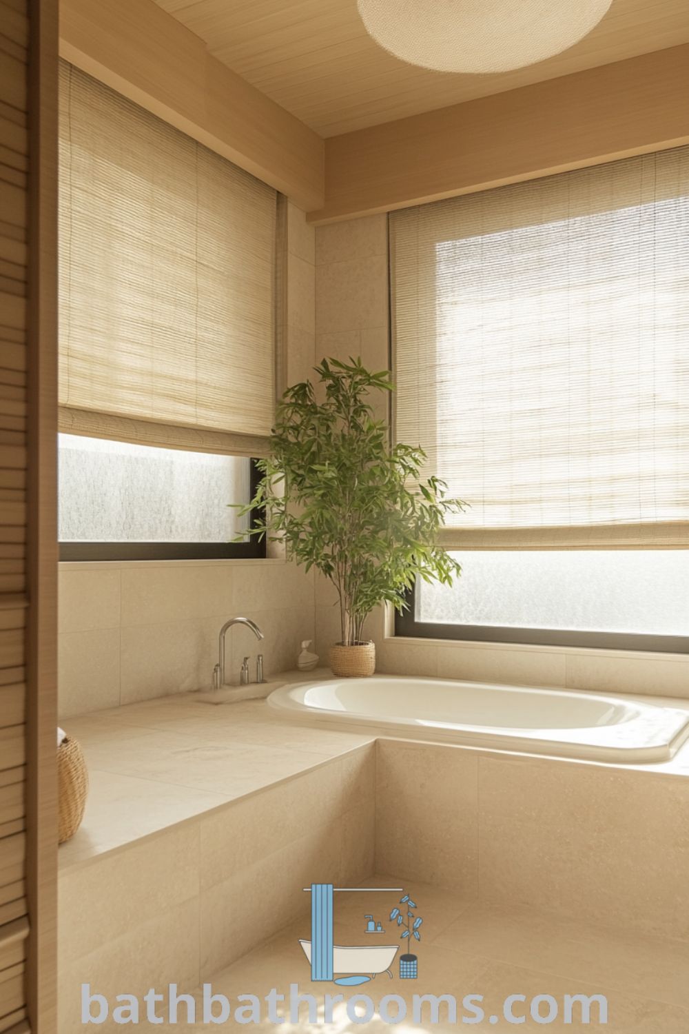 Beige Japanese bathroom featuring a deep soaking tub, wooden accents, stone tiles, bamboo decor, and greenery, creating a serene and inviting atmosphere. Discover unique ideas for your home at bathbathrooms.com.