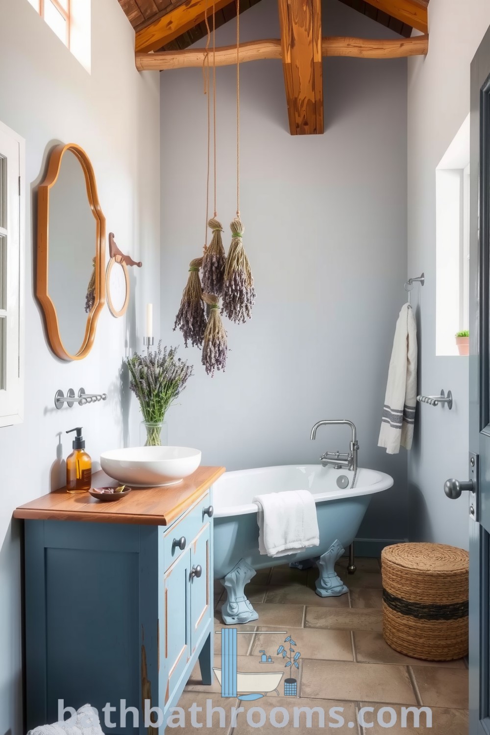 Cozy Provence bathroom featuring gentle blue tones, a weathered wooden vanity, a soft azure clawfoot tub, and air-dried lavender, creating a serene and inviting atmosphere. Discover unique ideas for your home at bathbathrooms.com.