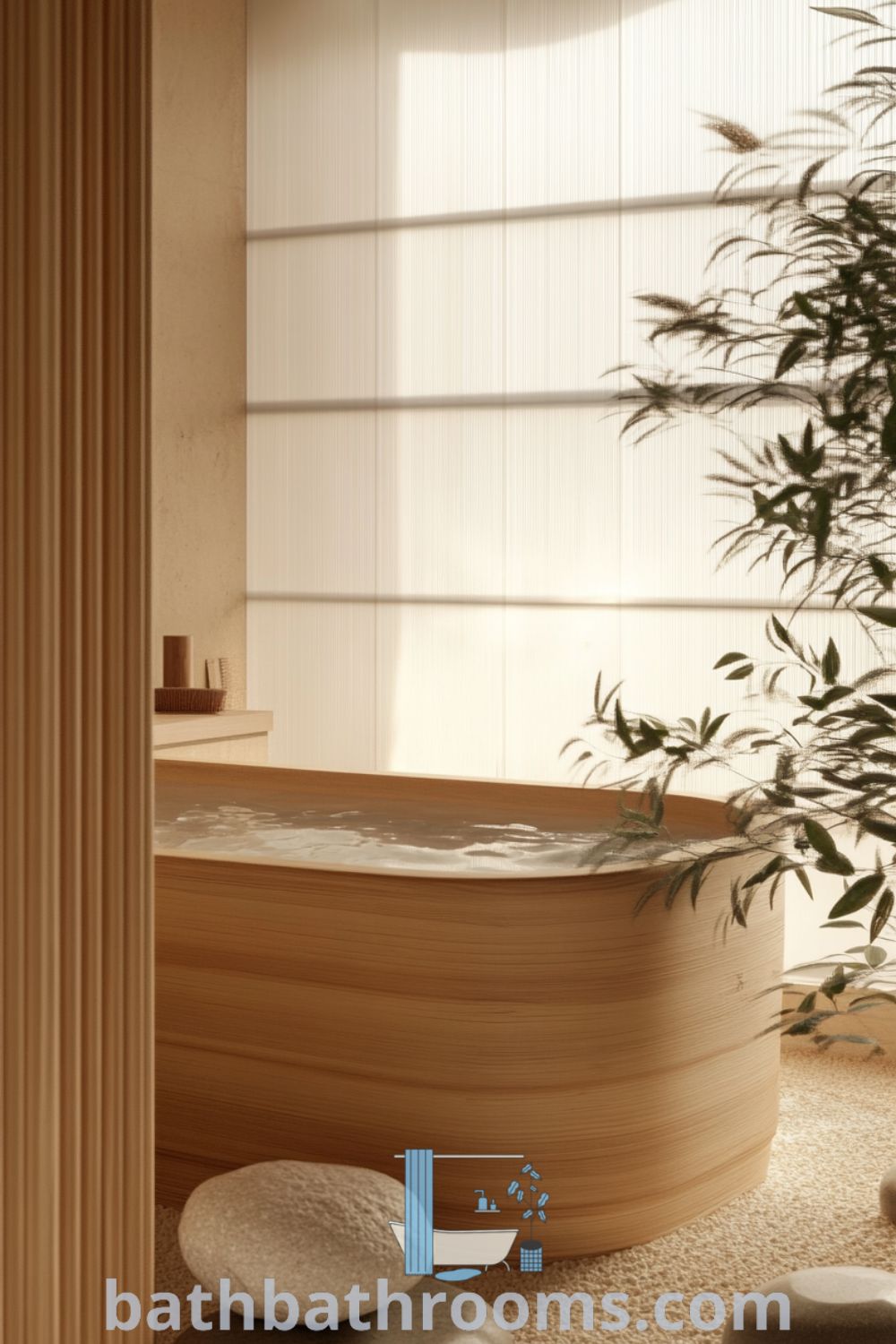Cozy Japanese bathroom featuring beige walls, a deep wooden soaking tub, bamboo accents, and smooth stones on the floor, creating a tranquil and inviting atmosphere. Discover more cozy decor ideas at bathbathrooms.com.