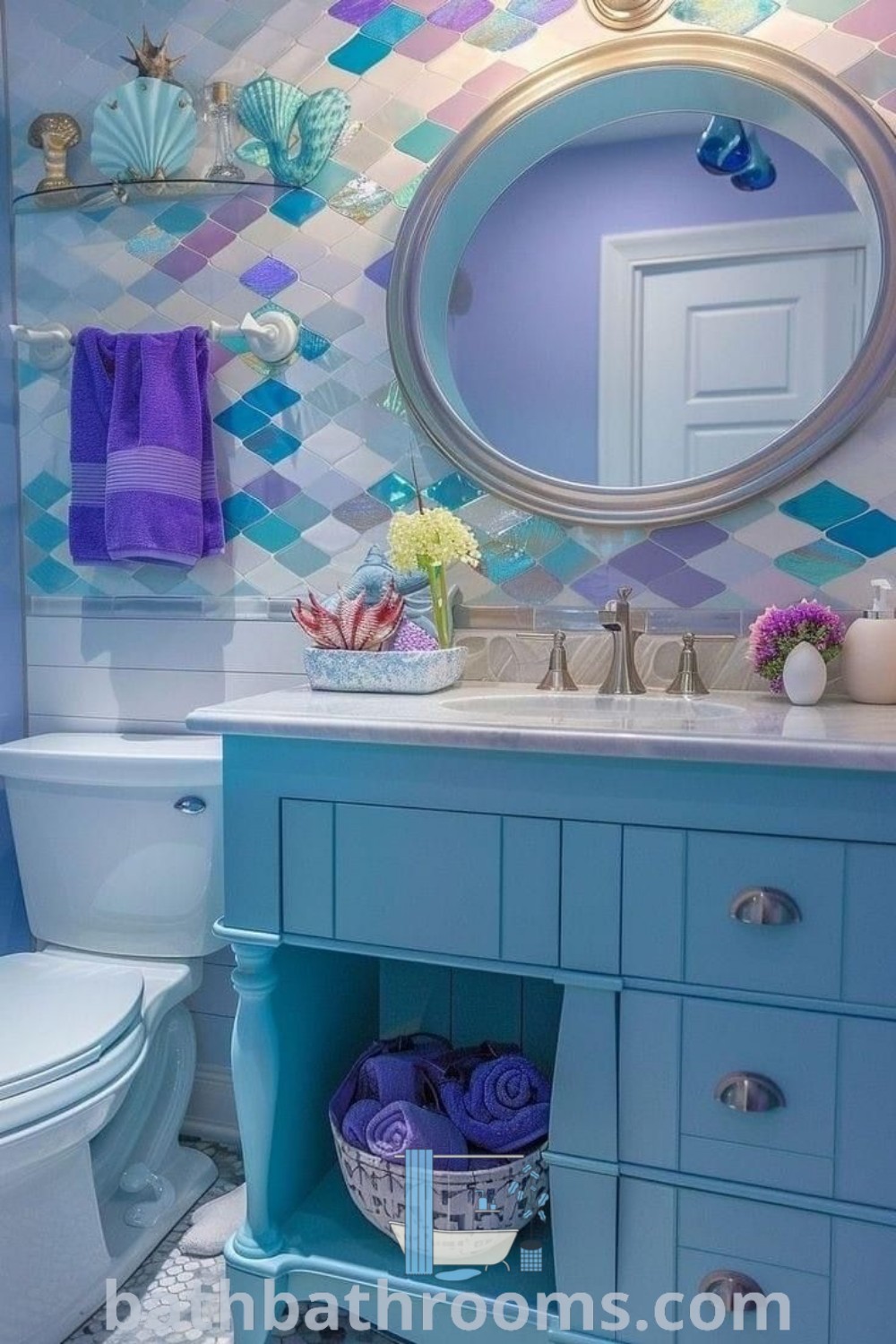 A bathroom with a blue vanity, toilet, and sink in the background featuring ocean-themed wallpaper. This inspired beach and under the sea aesthetic highlights cozy decor ideas for a beautiful bathroom retreat. Explore more unique ideas at bathbathrooms.com.