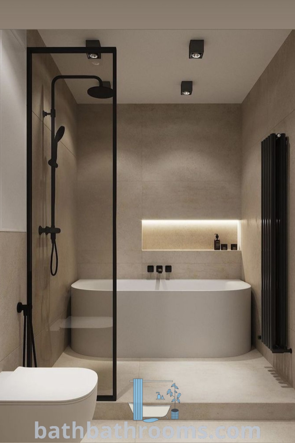 A modern bathroom showcasing a stylish bathtub, toilet, and sink in its center area, embodying the latest design trends and decor ideas for a cozy home. Discover bathroom inspirations at bathbathrooms.com.