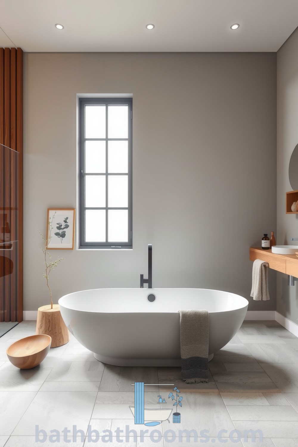 Minimalist bathroom featuring soft ash tones, a freestanding tub, warm wooden accents, and stonewashed tiles, creating a tranquil and inviting atmosphere. Explore unique ideas and designs for your home at bathbathrooms.com.