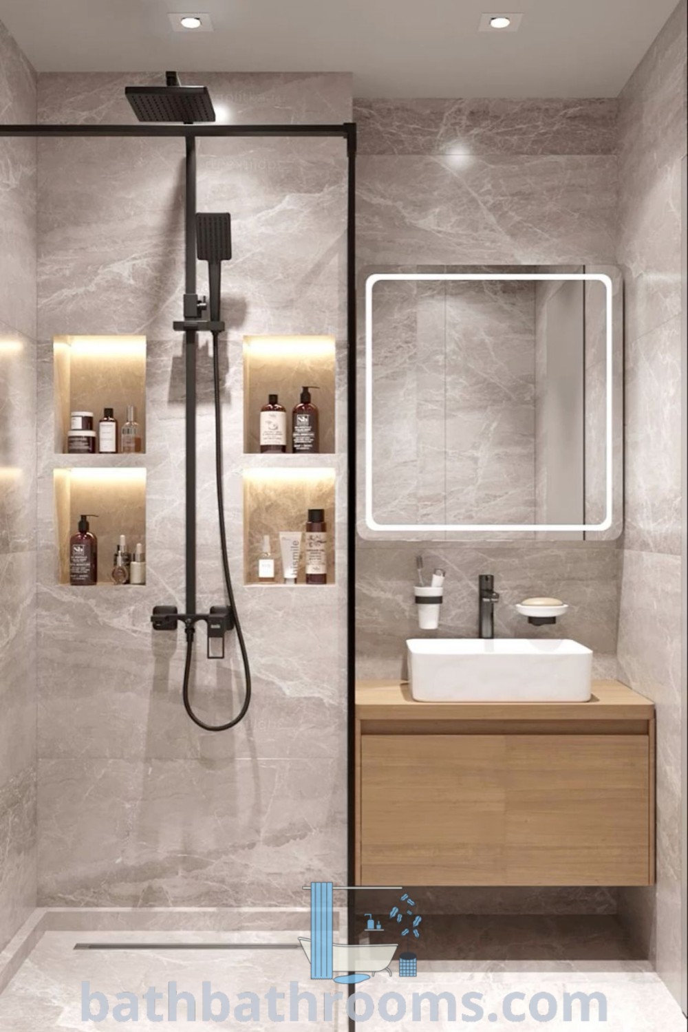 A small modern bathroom showcasing a walk-in shower next to a sleek sink and mirror. The design emphasizes minimalism and functionality, presenting inspiring ideas for cozy aesthetics and maximizing space. Explore more decor ideas for bathrooms at bathbathrooms.com.