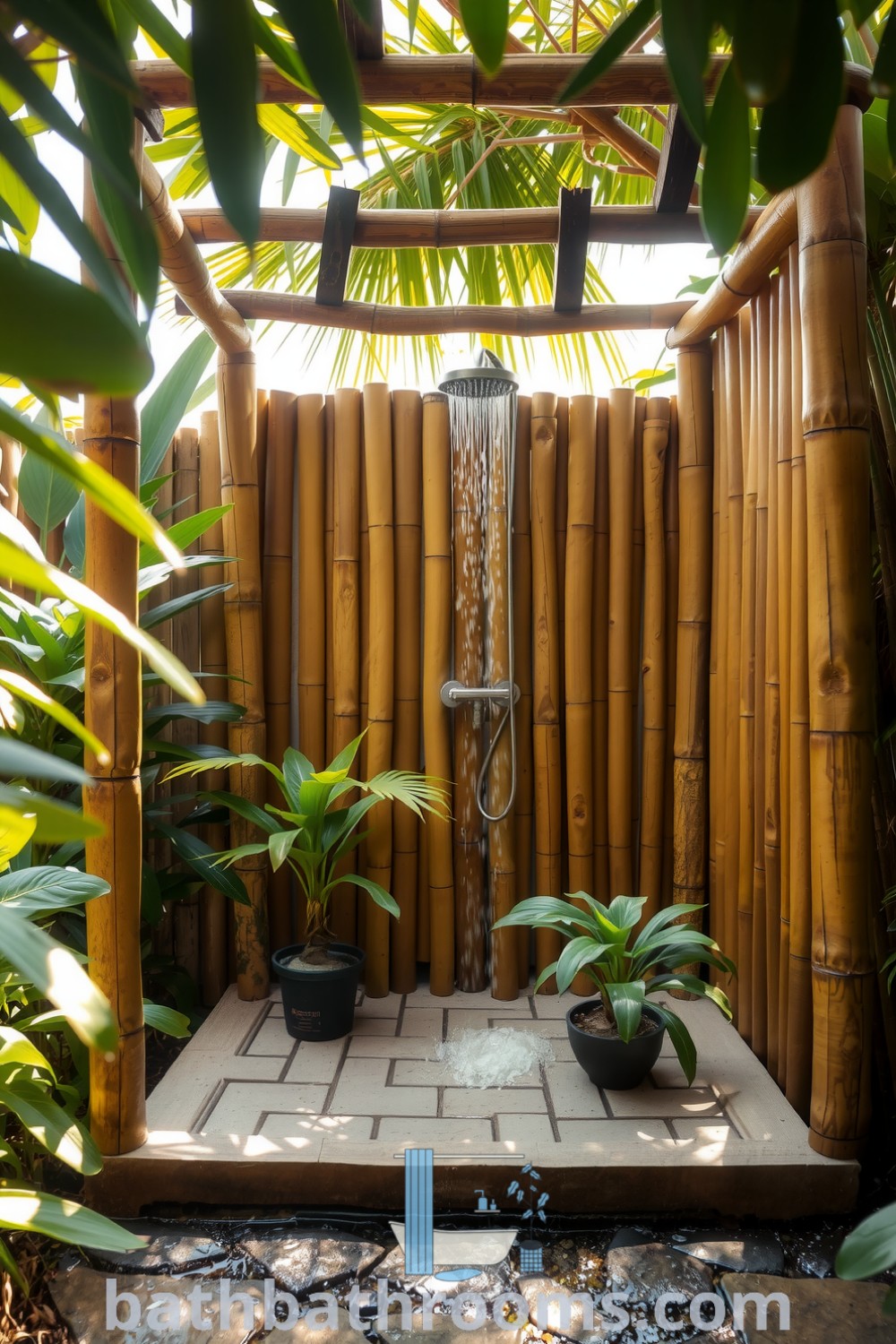 Tropical outdoor shower surrounded by lush greenery, rustic bamboo poles, and a natural stone floor, creating a cozy retreat for relaxation. Discover more cozy home ideas at bathbathrooms.com.