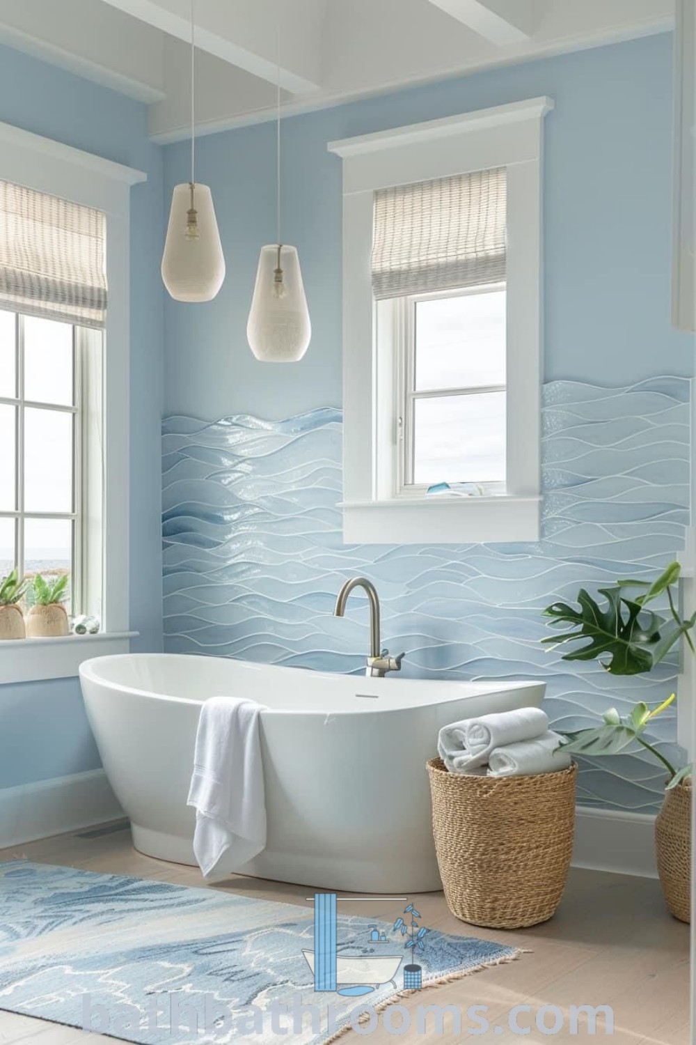 A coastal bathroom featuring a white bathtub under two windows next to a rug, showcasing design trends that promote a calming atmosphere. Ideal for small spaces, these decor ideas infuse a beachy aesthetic that invites relaxation. Explore more inspiring bathroom designs at bathbathrooms.com.