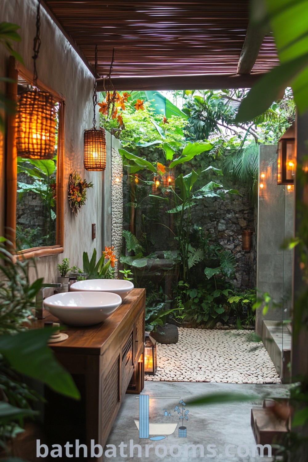 A bathroom featuring a central sink surrounded by vibrant greenery, reflecting Thai design influences and tropical rustic style. Discover unique jungle bathroom ideas and modern tropical interior designs for your home at bathbathrooms.com.