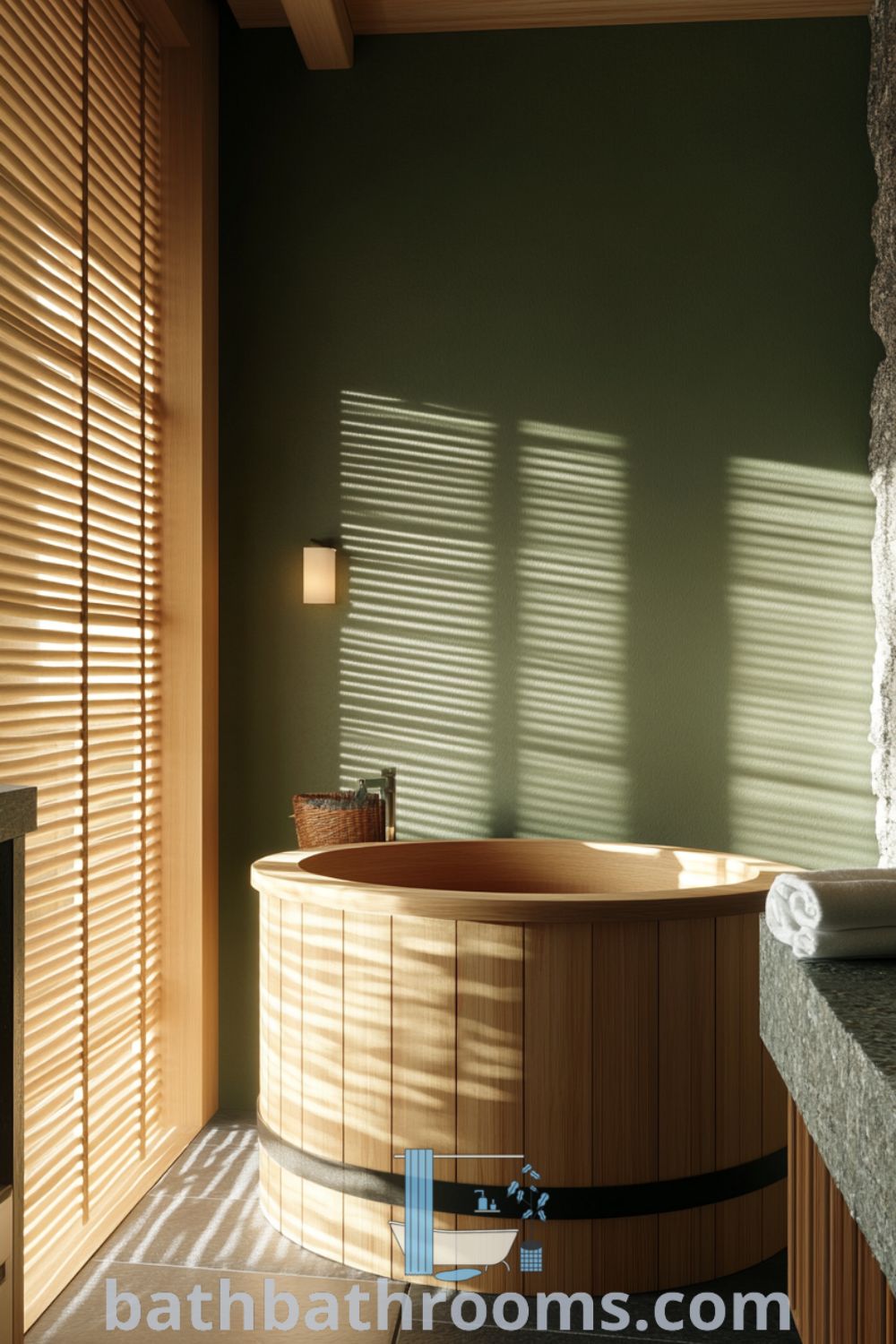 Japanese bathroom featuring a serene green palette, bamboo accents, and a curved wooden tub against a slate wall, illuminated by natural light. Discover inspiring decor ideas for small spaces at bathbathrooms.com.
