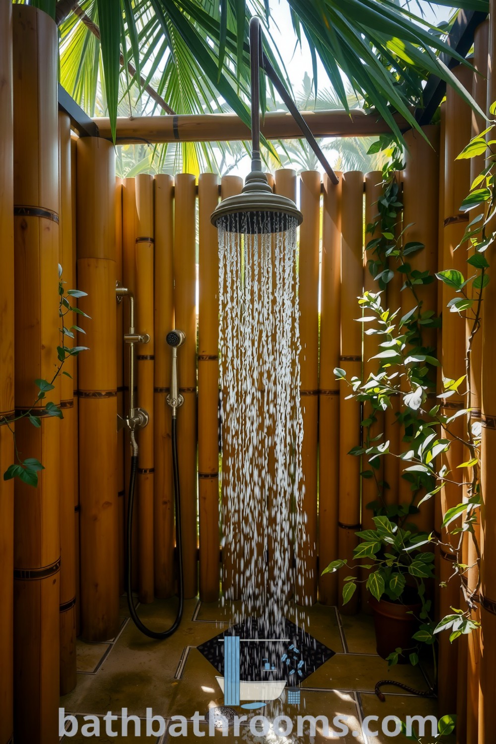 Cozy outdoor tropical bathroom shower with bamboo walls, lush greenery, and a wooden showerhead, creating a serene ambiance perfect for relaxation. Find inspiring decor ideas for your home at bathbathrooms.com.