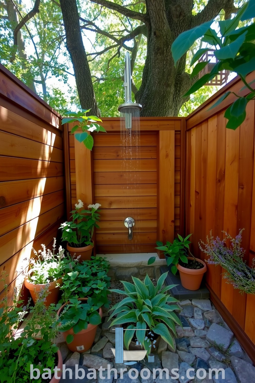 Rustic outdoor bathroom with wooden panels, stone accents, pebble-stone floor, metal showerhead, and fragrant herbs in terracotta pots, creating a serene and inviting atmosphere. Explore unique ideas for your home at bathbathrooms.com.