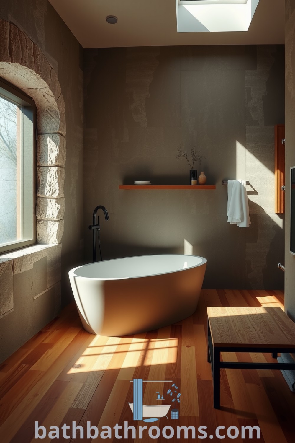Minimalist bathroom featuring olive tones, a sleek freestanding tub, exposed stone walls, and wooden accents, creating a tranquil and inviting atmosphere. Discover inspiring decor ideas for your home at bathbathrooms.com.