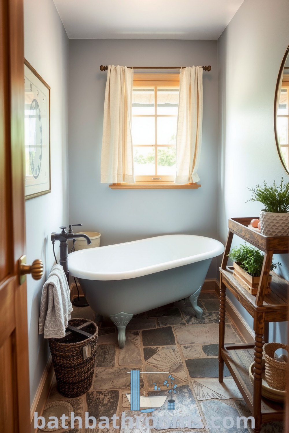 Cozy Provence bathroom featuring soft gray walls, a vintage clawfoot tub, rustic wood accents, and fresh herbs, creating a tranquil retreat. Discover more design ideas and inspirations for your home at bathbathrooms.com.