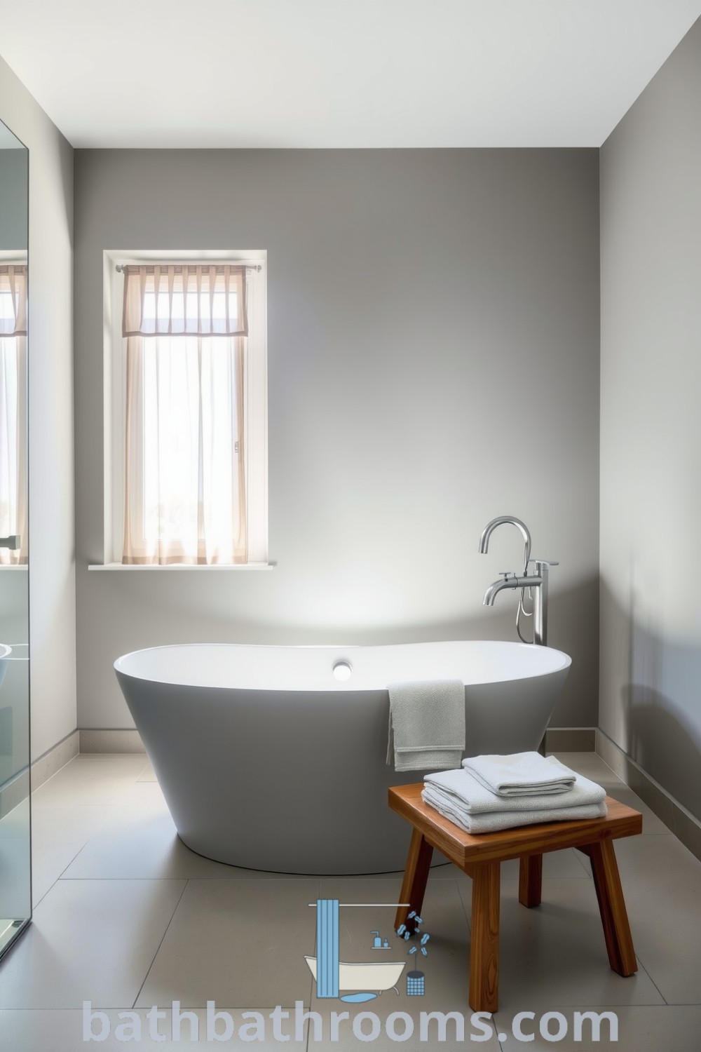 Cozy minimalist bathroom featuring a freestanding tub, silver tones, soft natural light, and linen curtains, ideal for relaxation and tranquility. Discover unique decor ideas for your home at bathbathrooms.com.