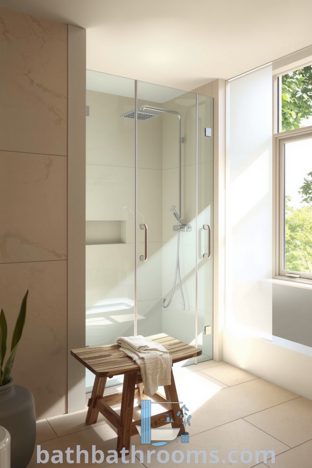 Cozy bathroom featuring a frameless glass shower, textured stone walls, natural light, a wooden bench, and greenery, showcasing a serene aesthetic ideal for relaxation. Discover more inspiring decor ideas for your home at bathbathrooms.com.