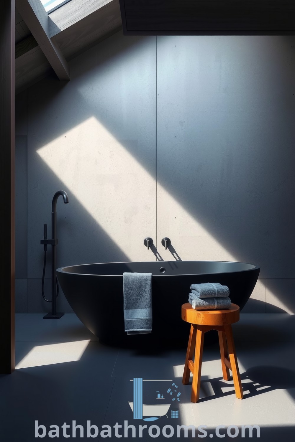 Minimalist graphite bathroom featuring a freestanding tub against a textured concrete wall, natural light from a skylight, and a wooden stool with towels. Discover inspiring decor ideas for your home at bathbathrooms.com.