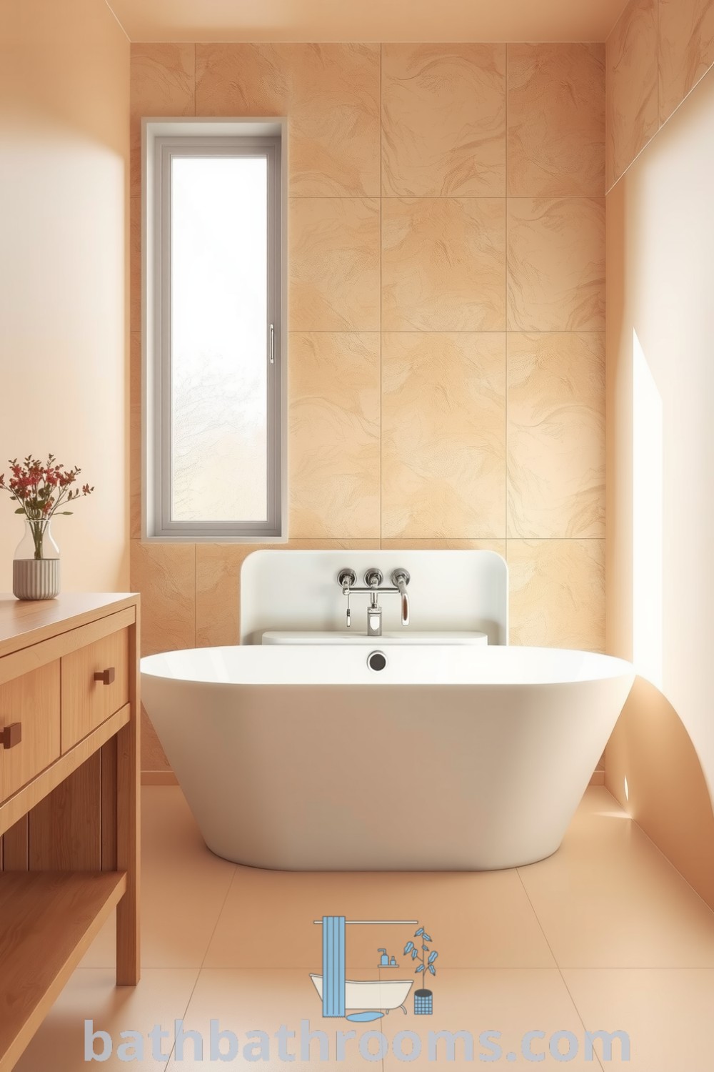 Minimalist bathroom featuring soft peach tones, a freestanding white tub, textured stone wall, and wooden accents, creating a serene and cozy atmosphere. Discover inspiring decor ideas for your home at bathbathrooms.com.
