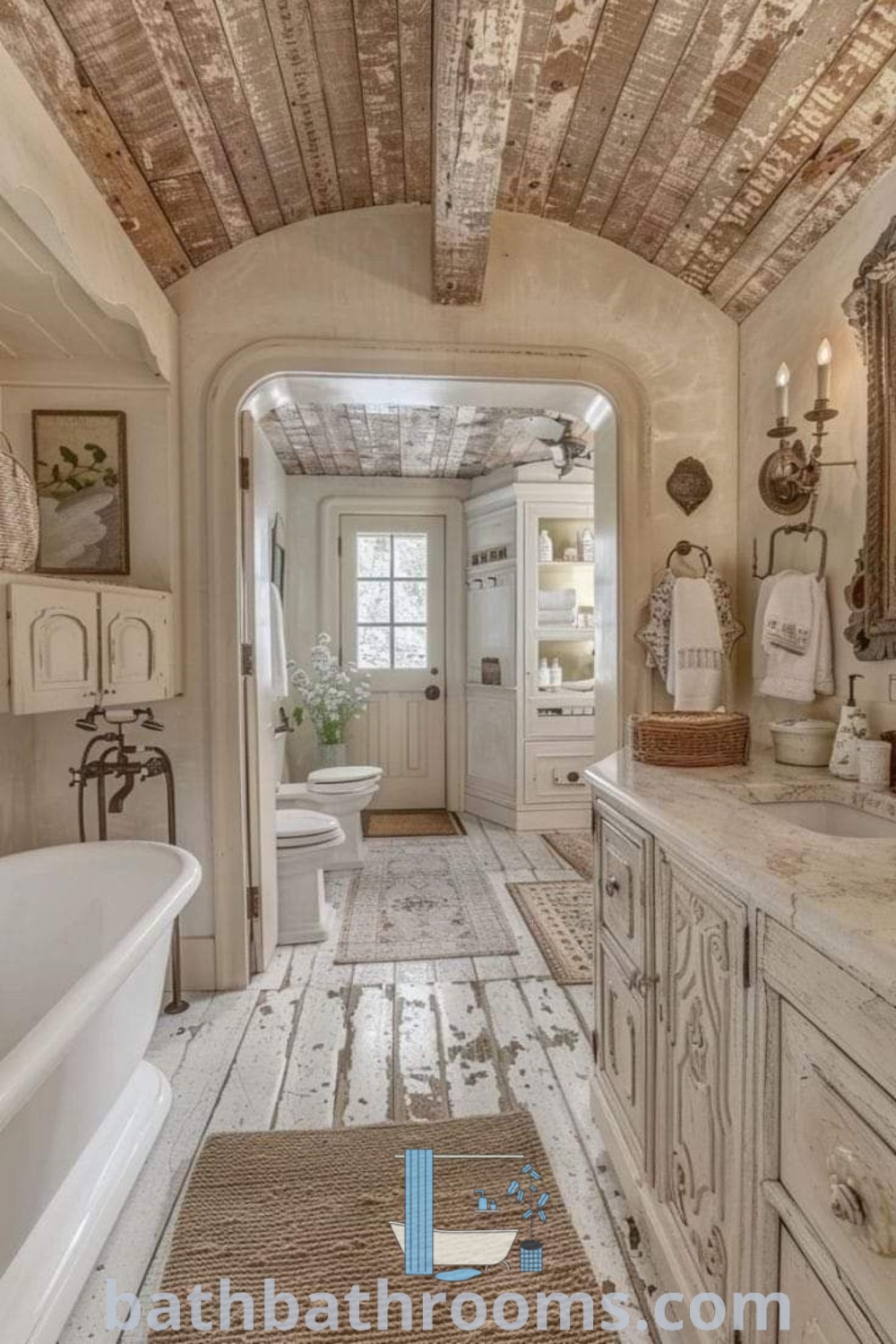 An old fashioned bathroom featuring white fixtures, wood ceiling, and a large bathtub inspired by French country style. This rustic bathroom showcases farmhouse mirrors and cozy decor ideas, perfect for creating a warm and inviting atmosphere. Explore more inspiring design ideas at bathbathrooms.com.