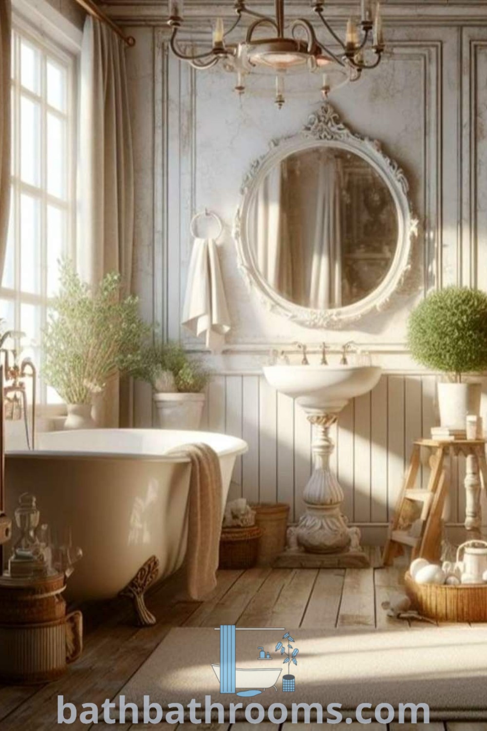 A charming French country bathroom with a tub, decorative mirror, and potted plants on the floor, showcasing romantic decor ideas perfect for small spaces. Explore inspiring design ideas that blend cozy aesthetics and functionality at bathbathrooms.com.