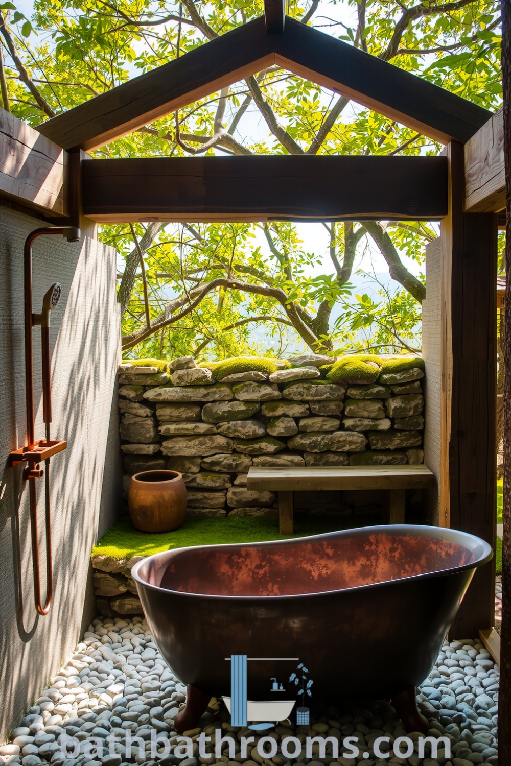 Outdoor bathroom featuring weathered wooden beams, a stone shower area, a rustic freestanding tub under leafy trees, and pebbles with moss, creating a serene and eco-friendly retreat. Discover more inspiring decor ideas at bathbathrooms.com.