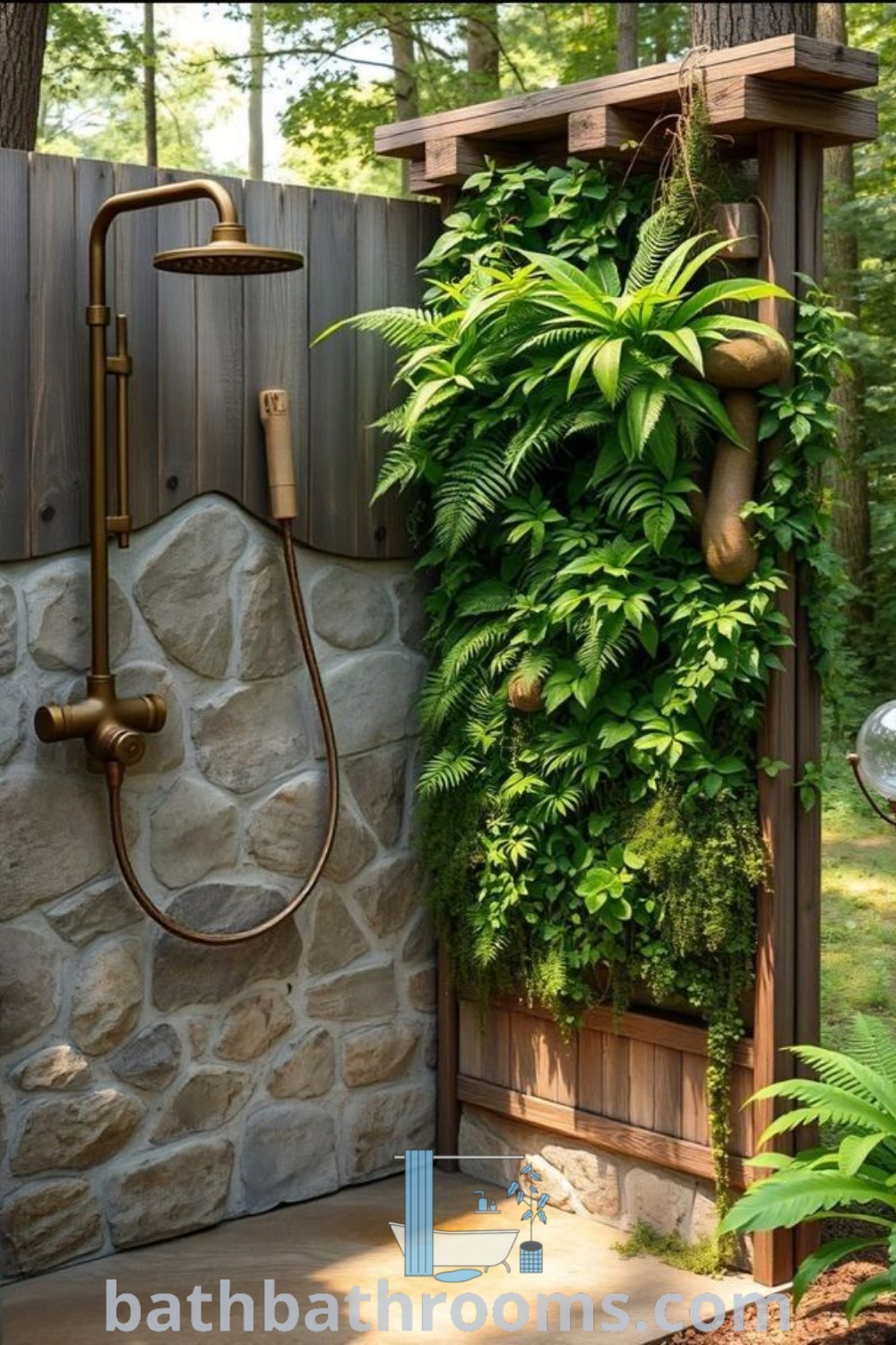 An outdoor shower setup surrounded by plants growing on the stone wall, showcasing a cozy outdoor bathroom aesthetic. This inviting shower oasis includes hanging ferns and beautiful decor ideas for gardens. Explore more inspiring designs at bathbathrooms.com.
