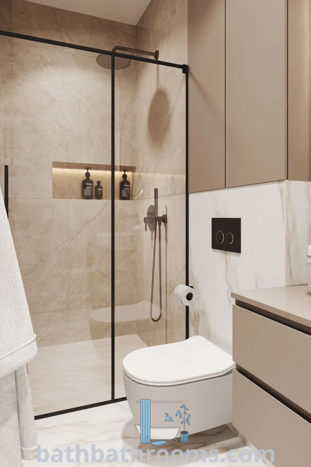 A cozy bathroom with a toilet, sink, and shower positioned in the center, showcasing design ideas for 5m2 bathroom layouts. Explore more decor inspirations and unique ideas for small spaces at bathbathrooms.com.