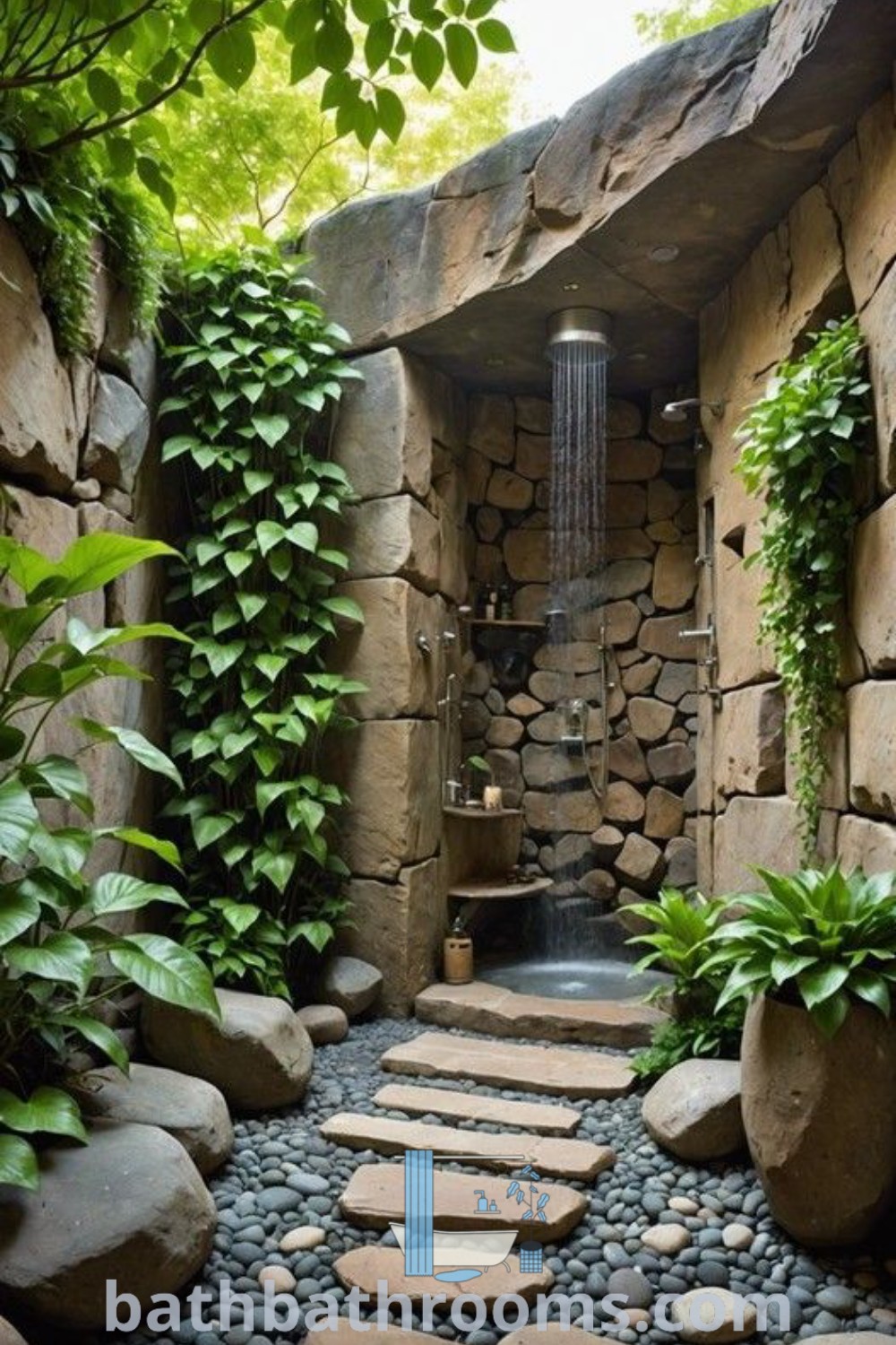 An outdoor shower nestled among rocks and greenery, showcasing rustic outdoor bathroom ideas. This serene setup provides a cozy aesthetic, merging natural elements for a unique outdoor space. Discover inspiring outdoor shower designs at bathbathrooms.com.