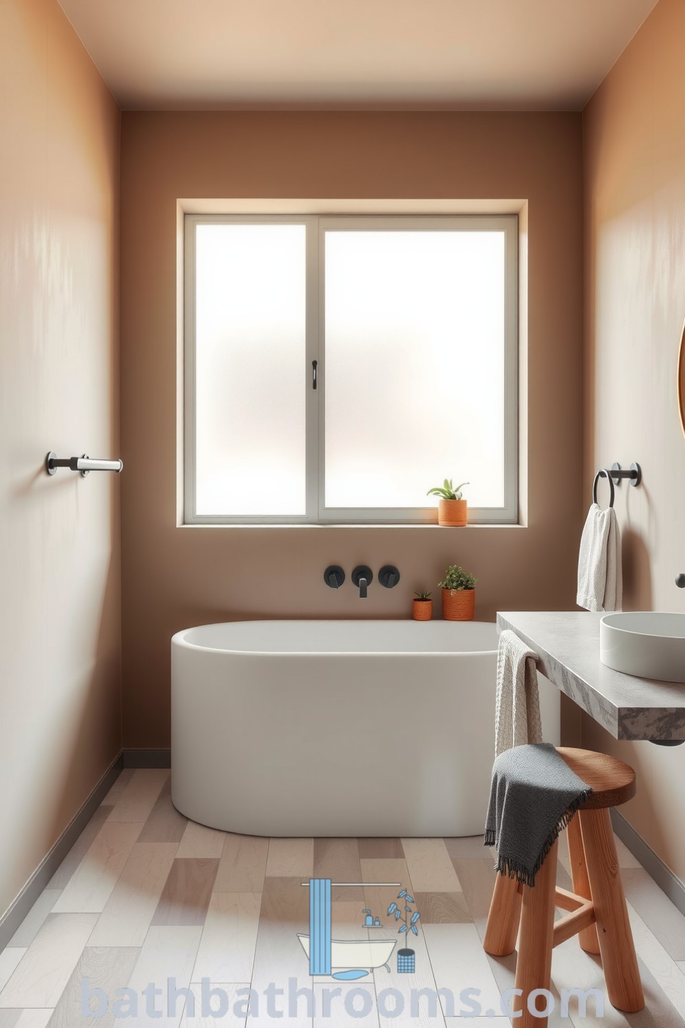 Cozy minimalist bathroom featuring a freestanding tub, soft taupe walls, natural light, textured stone countertop, and potted plants, exuding a calm and serene ambiance. Discover inspiring decor ideas for your home at bathbathrooms.com.
