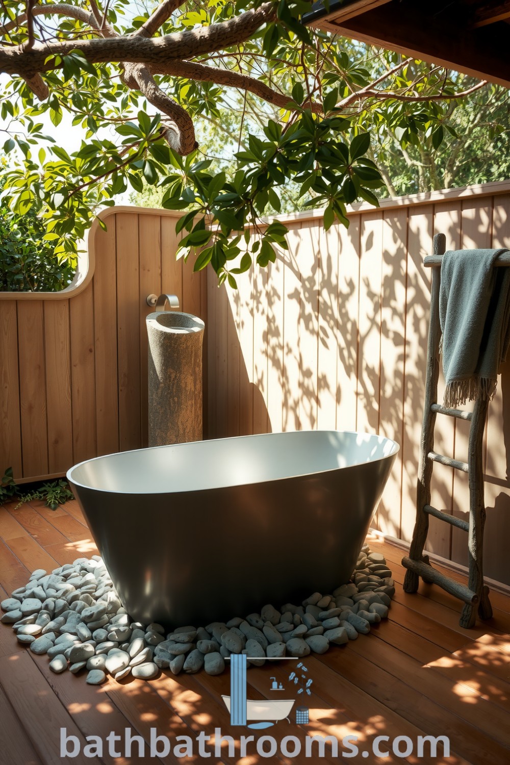 Outdoor spa-style bathroom featuring smooth pebbles, a brushed metal tub under overhanging branches, a natural stone fountain, and soft earth-toned towels, creating a serene and inviting atmosphere. Discover more cozy decor ideas at bathbathrooms.com.