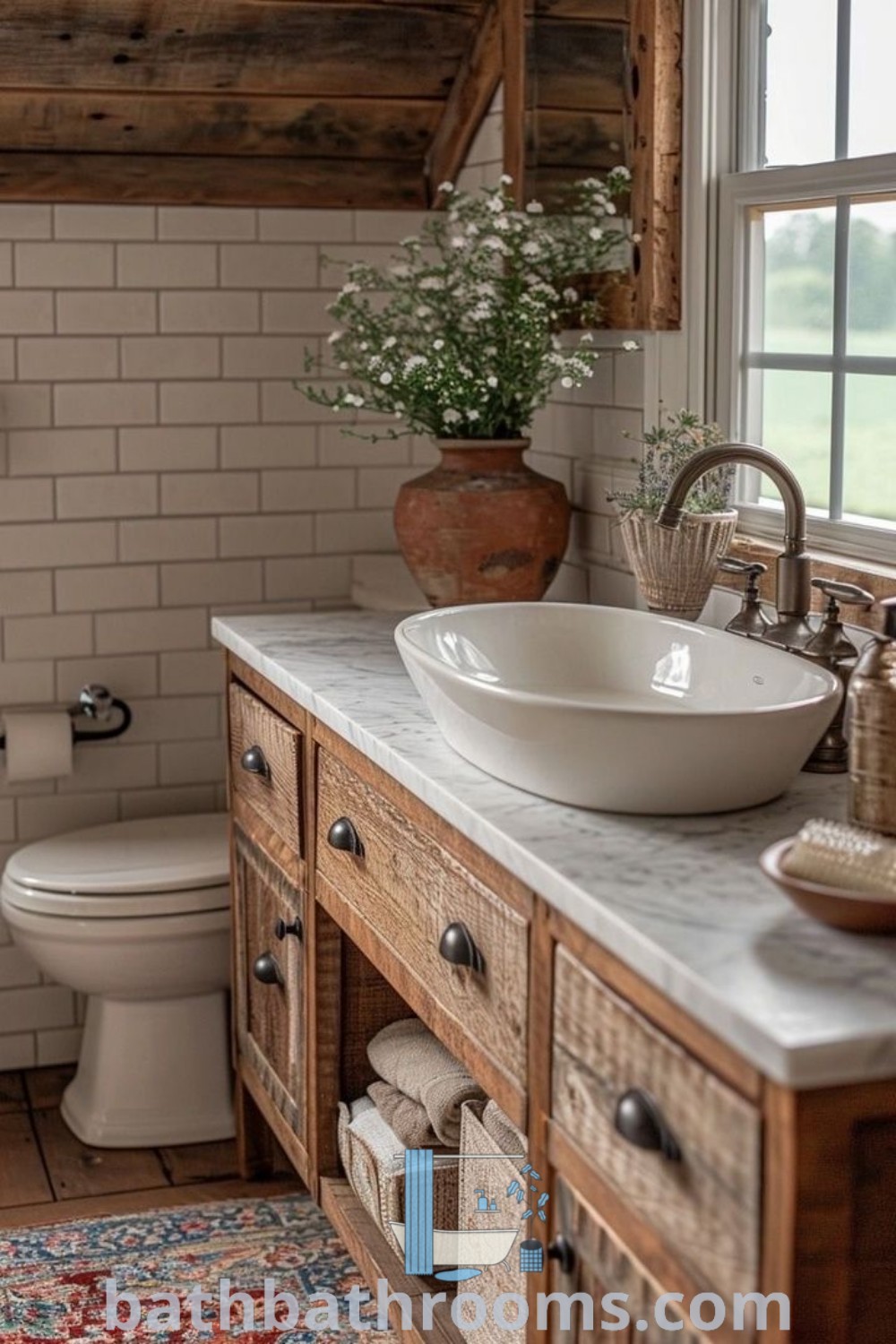 A cozy bathroom with a sink, toilet, and a rug on the floor in front, showcasing cottage core and rustic French bathroom style elements. This design embodies cozy aesthetics and decor ideas that inspire a perfect style fusion for any home, featured at bathbathrooms.com.