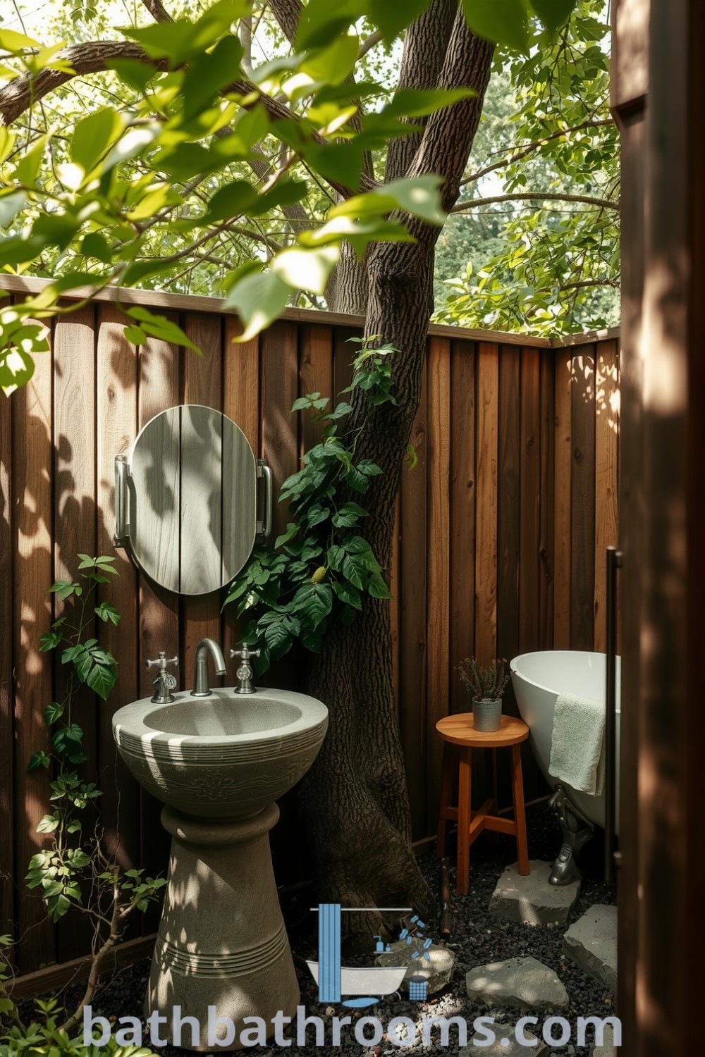 Cozy outdoor bathroom featuring rustic wooden panels, a simple stone sink, and a freestanding tub surrounded by creeping vines and nature, providing a serene retreat. Discover inspiring decor ideas at bathbathrooms.com.