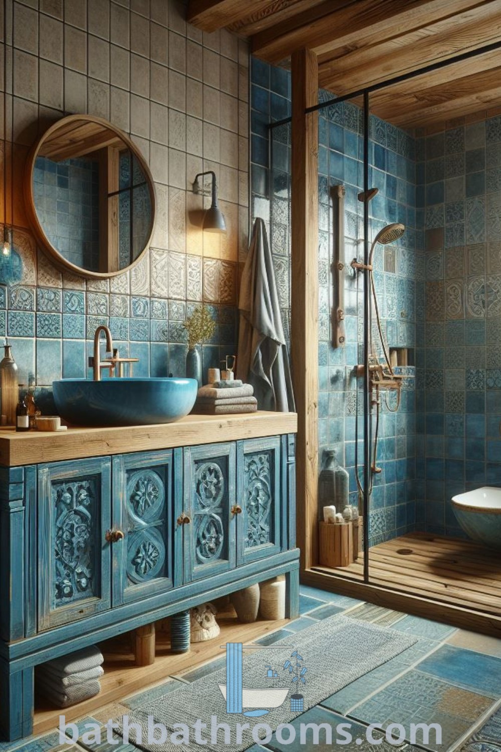 Aqua blue bathroom featuring a large mirror above the sink, styled with Greek and Moroccan-inspired decor, vibrant turquoise tiles, and eclectic design ideas. Discover more inspiring decor ideas at bathbathrooms.com.