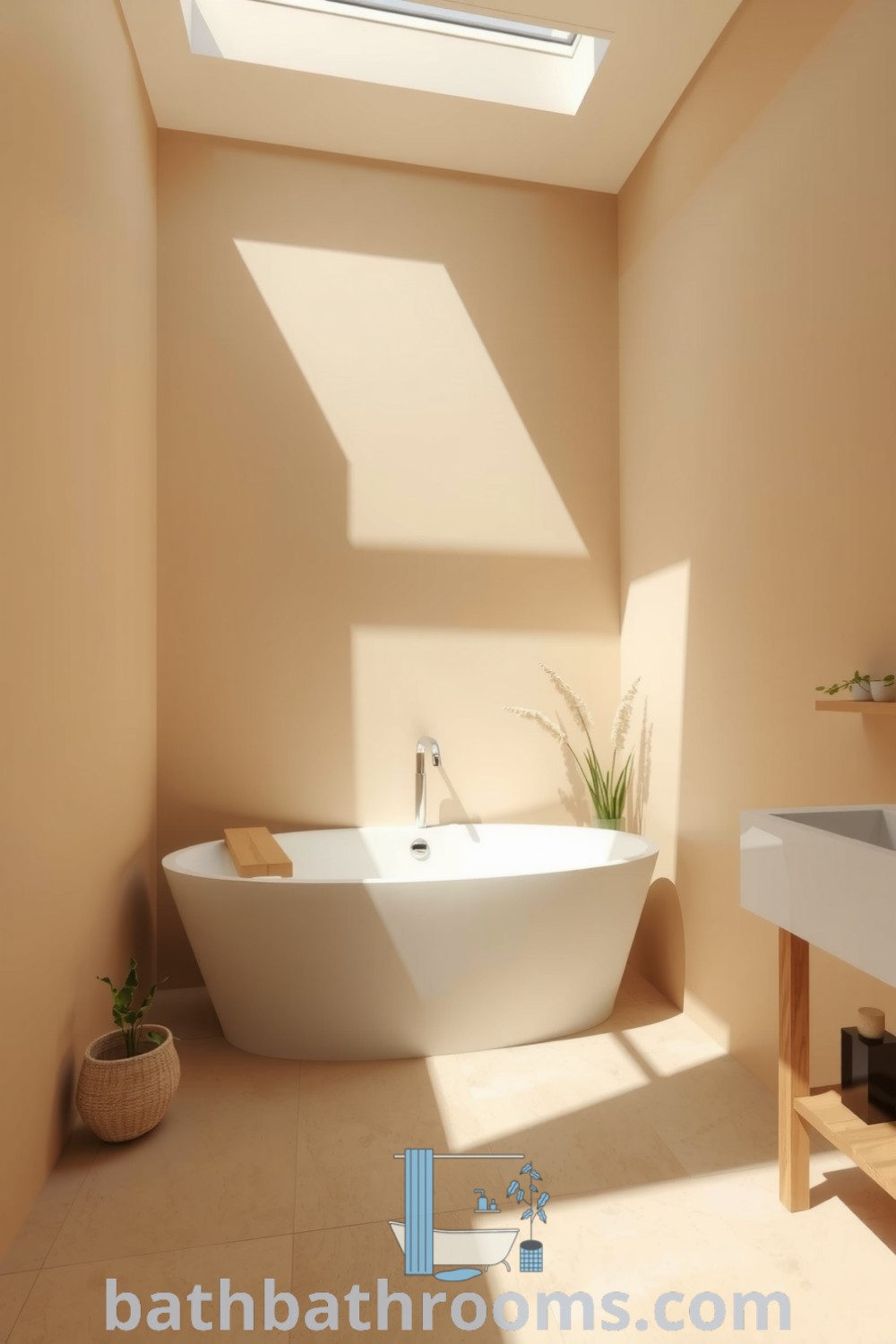 Minimalist beige bathroom retreat featuring natural light, a modern tub, wooden accents, and potted plants, creating an inviting and tranquil atmosphere. Discover more inspiring decor ideas for small spaces at bathbathrooms.com.