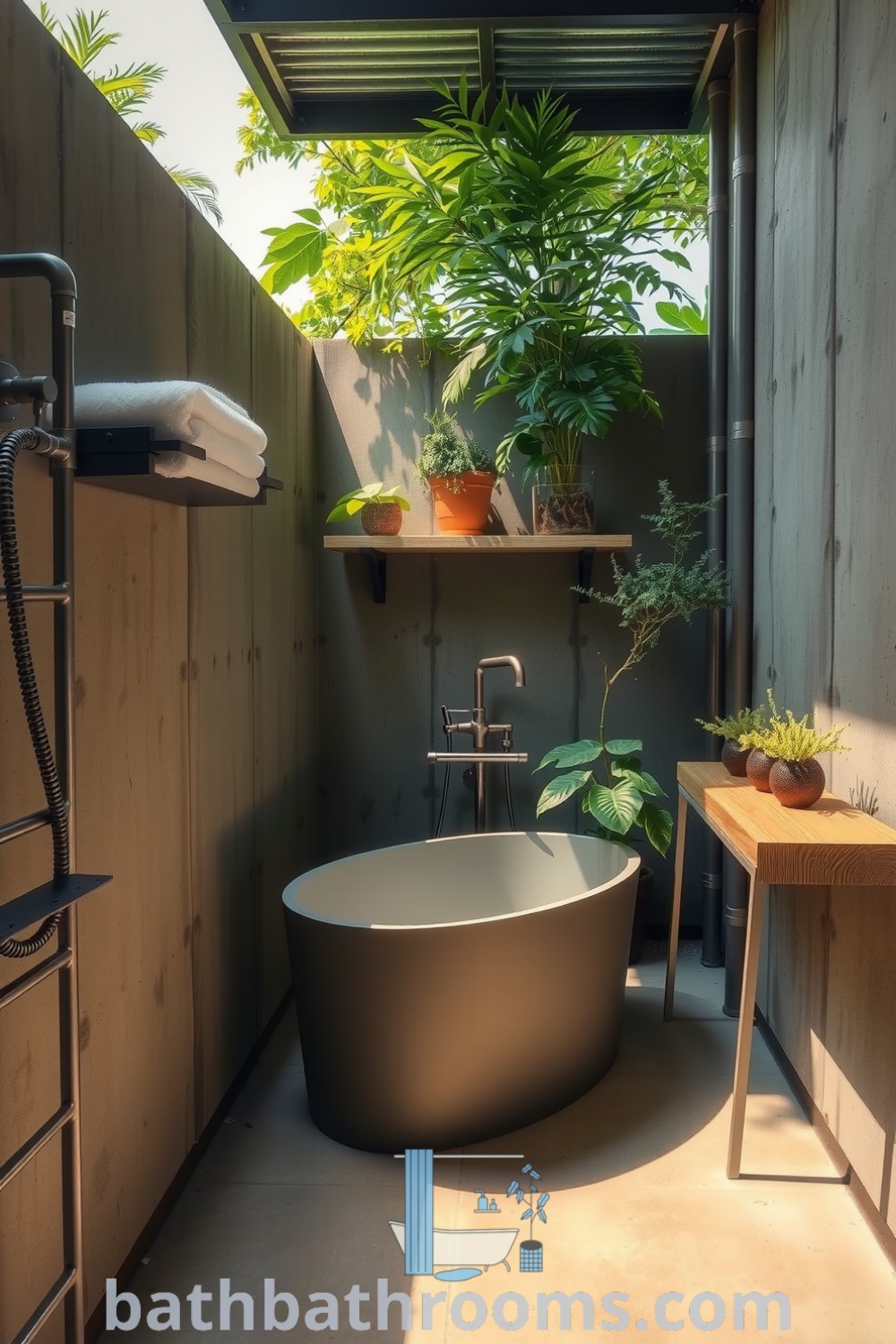 Secluded outdoor industrial bathroom featuring weathered concrete walls, sleek metal fixtures, a freestanding soaking tub framed by greenery, and rustic wooden shelves with fragrant plants. Discover inspiring decor ideas for your home at bathbathrooms.com.
