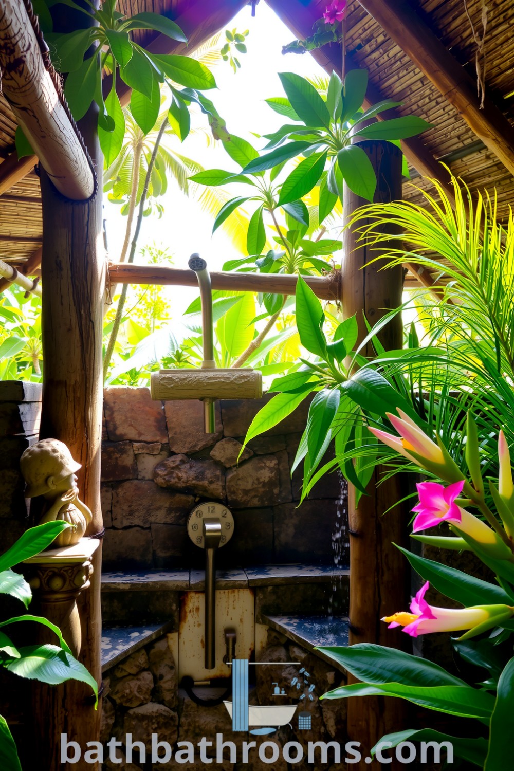 Tropical outdoor shower featuring weathered wooden beams, a bamboo roof, polished stone showerhead, and natural stone walls surrounded by vibrant flowers, creating a serene and inviting atmosphere. Discover cozy decor ideas at bathbathrooms.com.