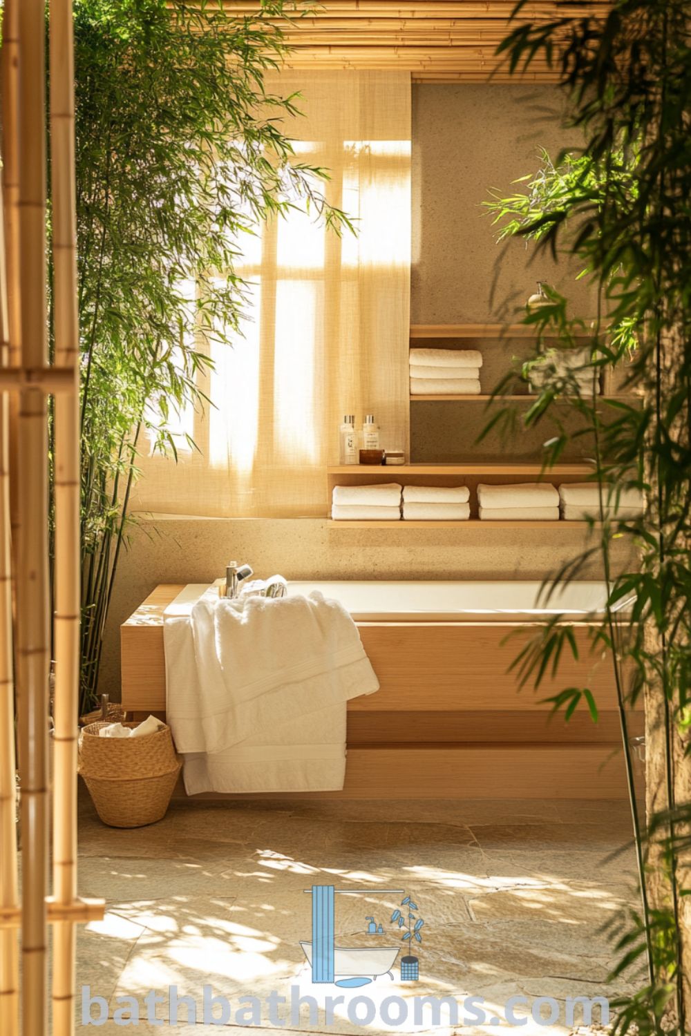 Cozy Japanese bathroom featuring a warm beige palette, deep soaking wood tub, bamboo plants, and a hand-carved shelf with folded towels, creating a tranquil and inviting atmosphere. Discover more inspiring decor ideas at bathbathrooms.com.