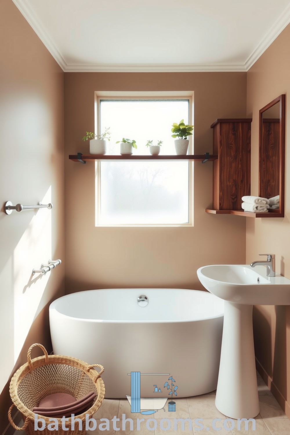 Minimalist bathroom featuring warm beige walls, a freestanding tub in the corner, a hand-finished ceramic sink, and rustic wooden shelving with potted plants, creating a serene atmosphere for relaxation. Discover more cozy design ideas at bathbathrooms.com.