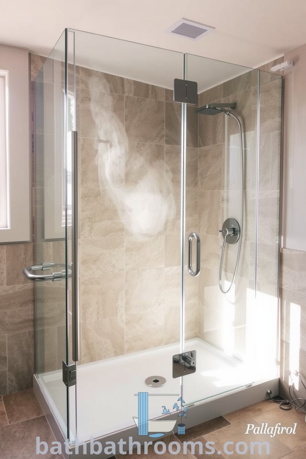 Frameless glass shower elegantly situated in a modern bathroom with textured stone tiles, soft natural light, and brushed metal fixtures, showcasing a calming spa-like aesthetic. Discover inspiring decor ideas for your home at bathbathrooms.com.