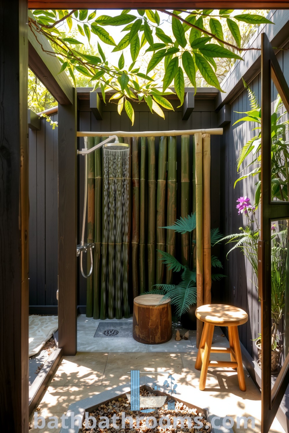 Outdoor rustic bathroom featuring a wooden frame, stone floor, bamboo shower, and surrounded by ferns and wildflowers, creating a cozy nature-inspired retreat. Explore more inspiring decor ideas for your home at bathbathrooms.com.