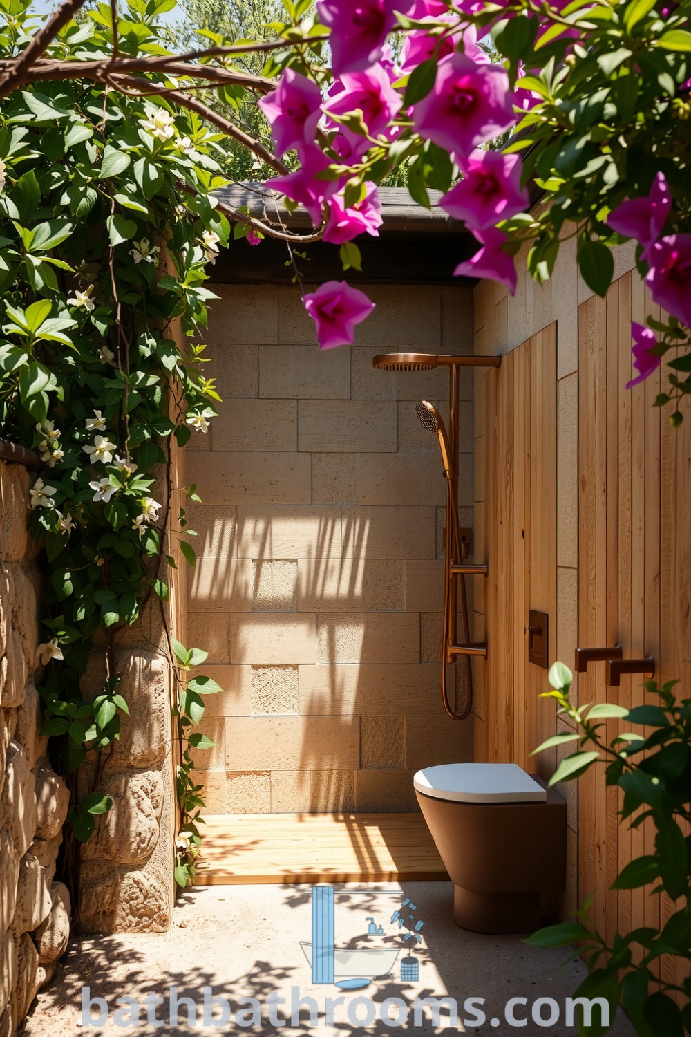Cozy outdoor bathroom in a Mediterranean garden, featuring rustic stone walls, a wooden plank shower, and polished copper fixtures surrounded by jasmine and bougainvillea, offering a tranquil escape. Discover inspiring decor ideas for your home at bathbathrooms.com.