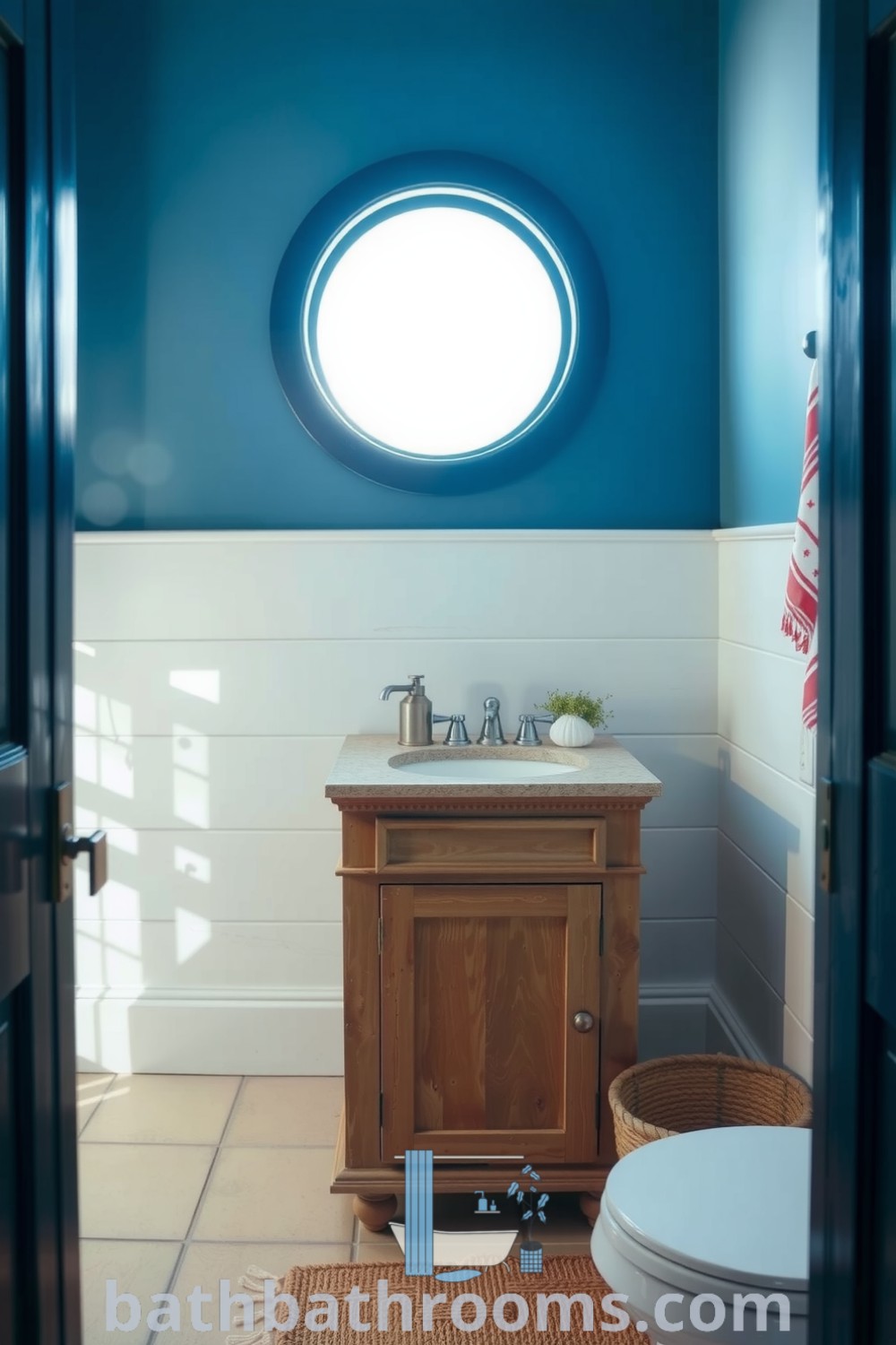 Nautical style bathroom featuring deep blue and sandy beige colors, a weathered wooden vanity, white shiplap walls, and seashell decor, creating a serene and cozy atmosphere. Discover more cozy home design ideas at bathbathrooms.com.
