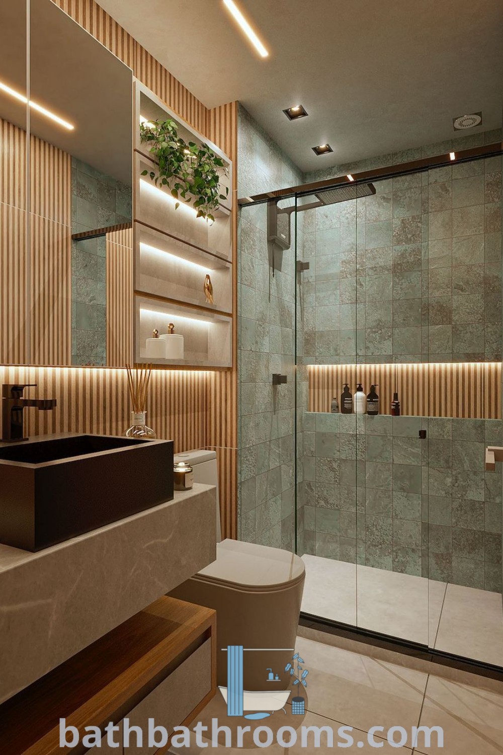 A stylish bathroom showcasing a sink, toilet, and a glass shower stall in its corner, optimized for small spaces. This chic small bathroom design features unique ideas for maximizing style and comfort. Discover more bathroom layout ideas at bathbathrooms.com.