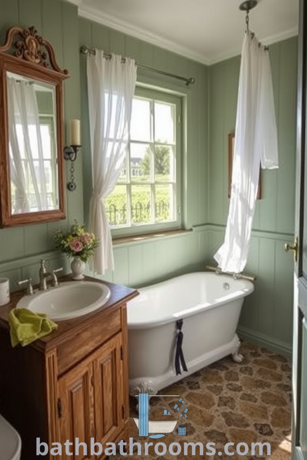 Cozy Provence bathroom featuring soft green walls, a vintage wooden vanity with a porcelain sink, a clawfoot tub, and lavender accents, creating a serene and inviting space. Discover more inspiring decor ideas at bathbathrooms.com.