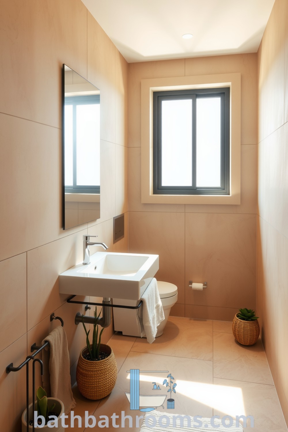 Minimalist bathroom design featuring warm beige tones, smooth stone tiles, natural wood accents, a sleek wall-mounted sink, plush towels in a woven basket, and plants in simple pots, creating a serene and cozy atmosphere. Discover more cozy home decor ideas at bathbathrooms.com.