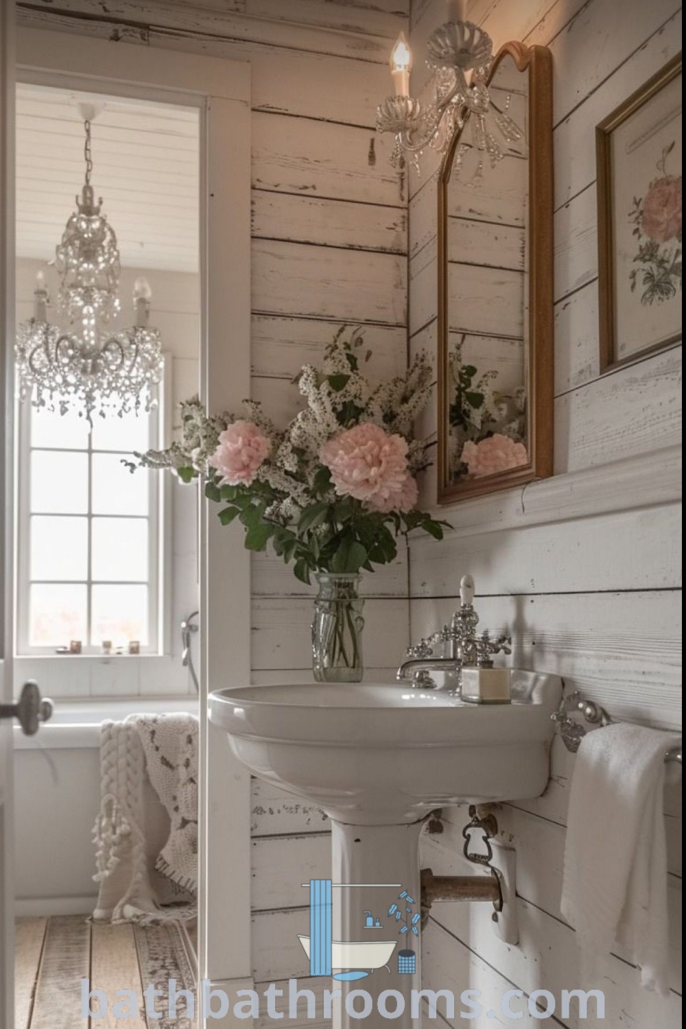 A cozy shabby chic bathroom featuring a white sink under a mirror next to a bathtub and a window decorated with flowers. This design embodies cottage style and French country aesthetics, providing inspiring ideas for your home. Explore more decor inspirations at bathbathrooms.com.