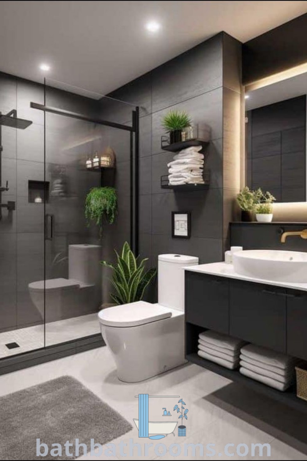 A modern bathroom featuring a toilet, sink, and shower against a white and wood backdrop, showcasing a smart layout ideal for cozy aesthetics. Discover more unique design ideas at bathbathrooms.com.