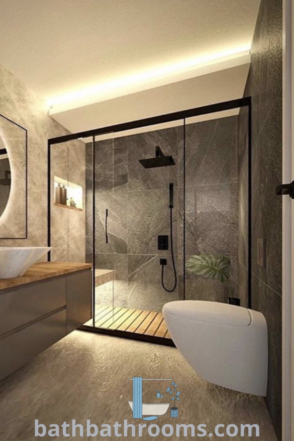 A modern bathroom with a sink, mirror, and shower designed for luxury and comfort. This space showcases incredible bathroom interior design ideas, emphasizing modern decor inspirations. Explore more at bathbathrooms.com.