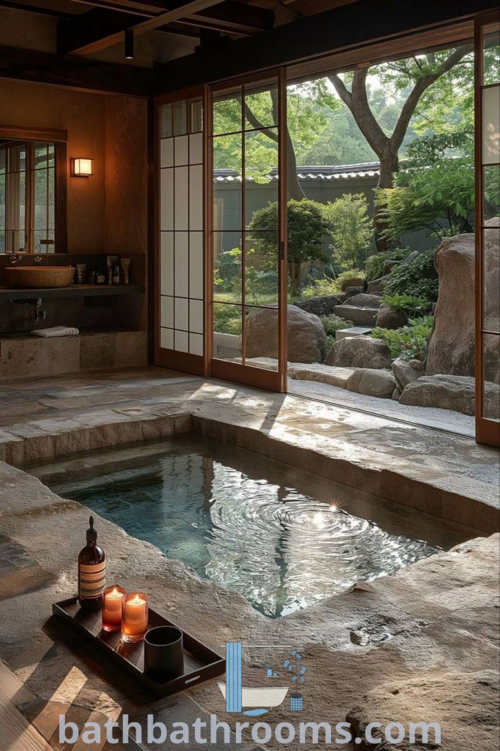 A serene indoor hot tub with two candles on a tray next to it, surrounded by natural rocks in the background, designed in Japanese Spa Bathroom style. This cozy Japanese bath house decor inspires a Zen atmosphere, perfect for creating a calming retreat. Discover more unique ideas at bathbathrooms.com.